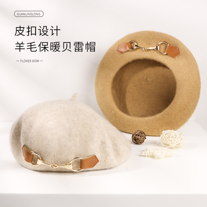 Hat female autumn/winter beret Lady leather buckle painter's hat wool bud hat warm hat factory stock full figure