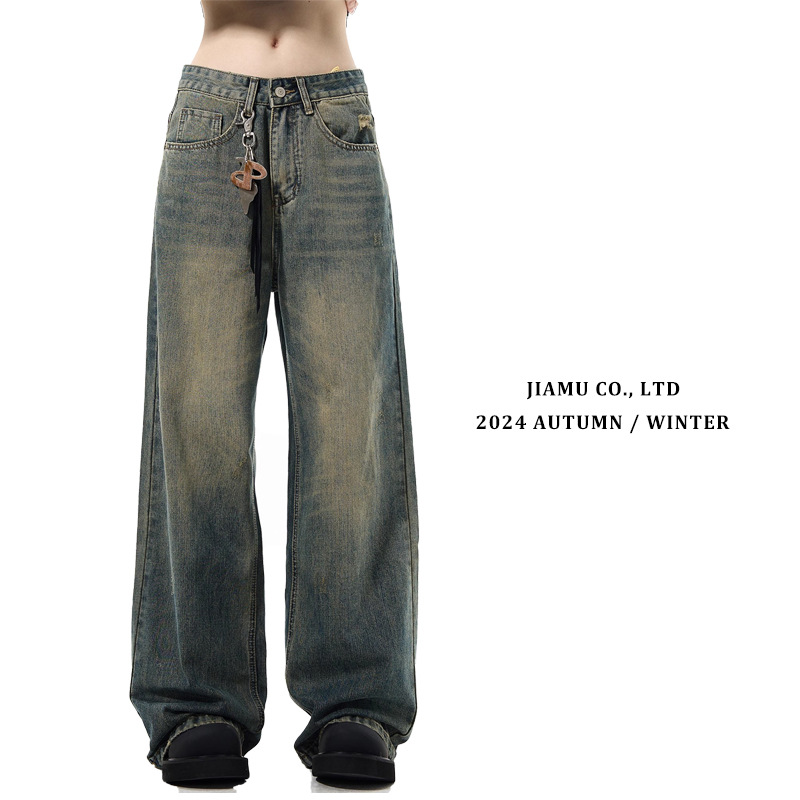 JIAMU's autumn and winter bestsellers are loose, straight-leg, oversized, unisex A-style jeans for men and women, featuring retro washed wide-leg styles details Picture