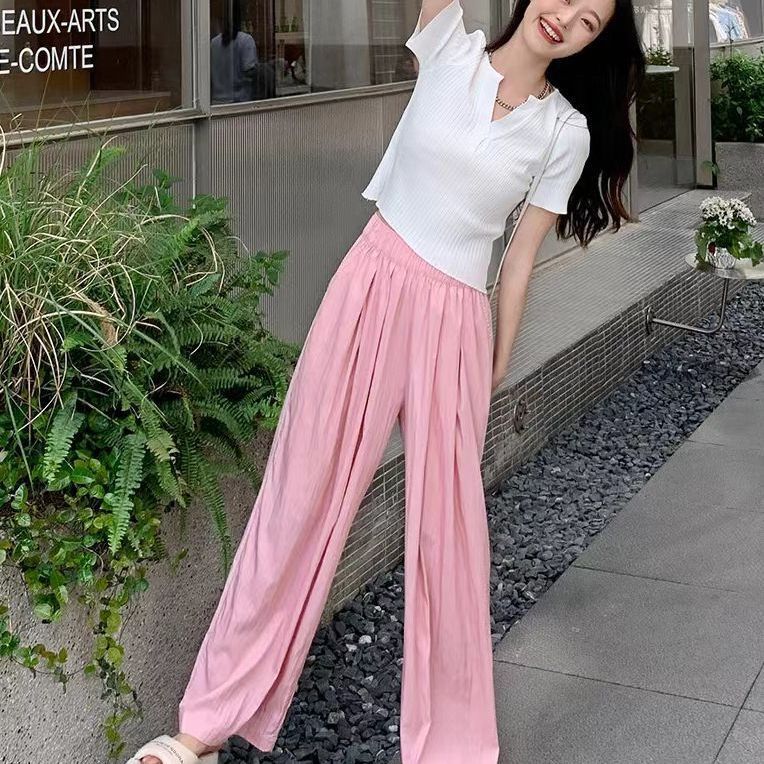 2024 Summer New Ice Silk Mountain Pants Women's High Waist Hanging Casual With Lazy Wind Straight Pants A Hair Specification drawing
