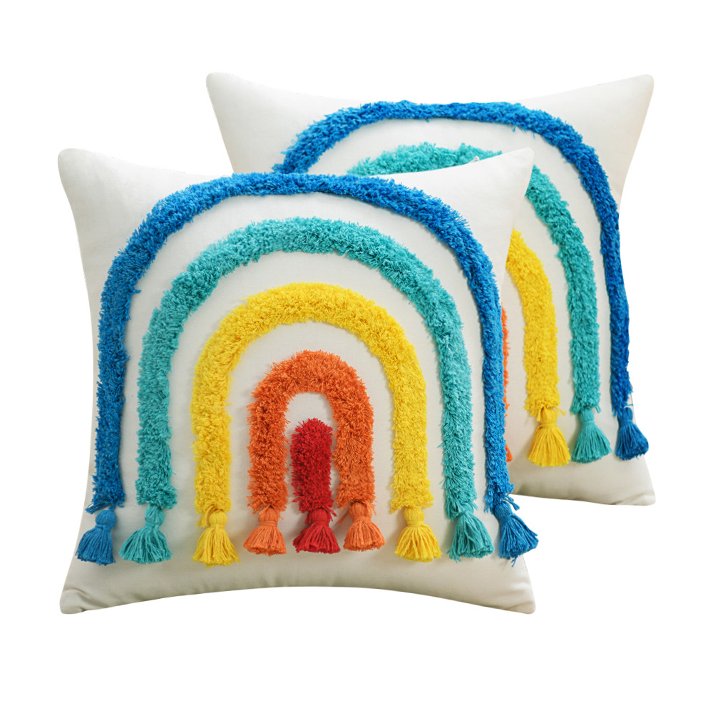 Cross-border ethnic style Bohemian style tufted rainbow pillowcase, three-dimensional embroidered cushion cover, home pillow cover Item Picture