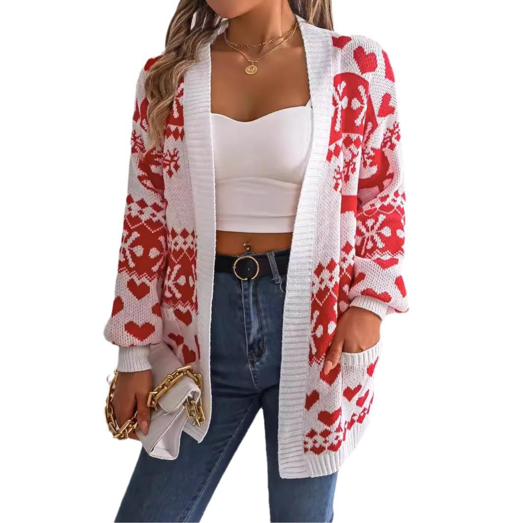Real shot of the 2025 autumn/winter Christmas reindeer pocket long-sleeved cardigan sweater coat, independent station cross-border women's clothing Item Picture