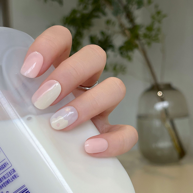 Hand-Worn Nail Nails Summer Cheese White Peach Nail Patch Color Gradient Hand-Painted Flower Fake Nail Nail Piece details Picture