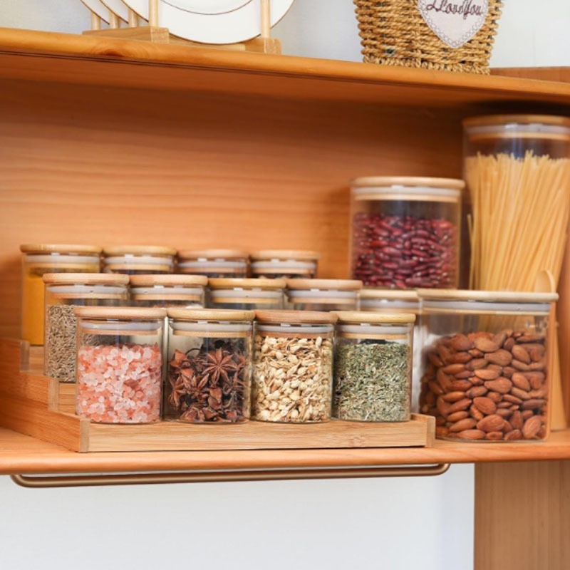 Bamboo spice rack, wooden storage rack, kitchen seasoning rack, oil, salt, soy sauce and vinegar storage rack, stepped three-layer storage rack Application Scenario