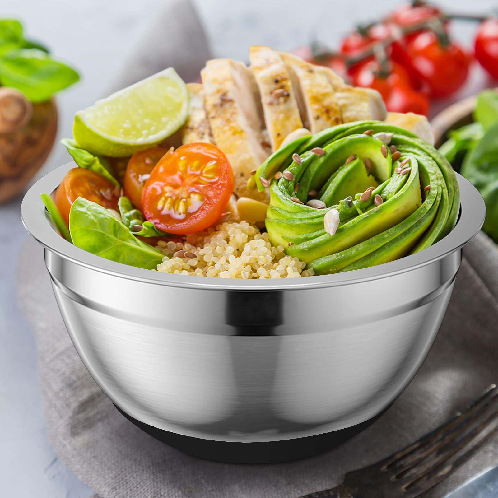 American-style colored silicone bottom with lid salad bowl cooking and baking salad basin set, stainless steel multi-purpose egg beater basin Specification drawing