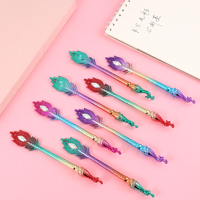 卡通创意电镀彩虹色孔雀中性笔 黑色替芯式水性笔 学生签字笔