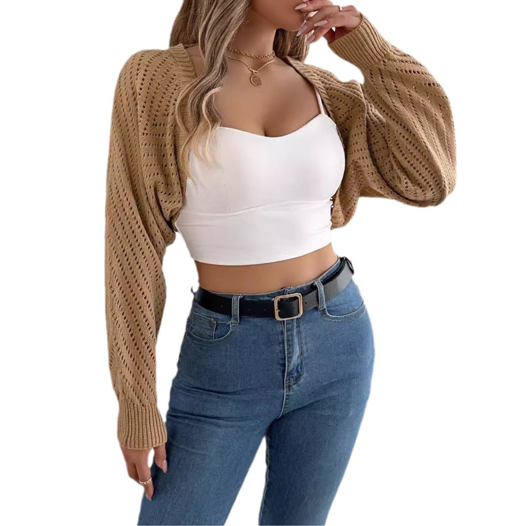 Real photos of solid-color, hollowed-out lantern sleeves, shawls, sweaters, jackets, independent cross-border women's clothing for autumn and winter in Europe and America Item Picture
