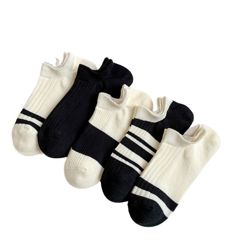 Men's black double-needle socks - boat socks, European and American striped ins trendy business sweat-absorbing and breathable summer thin short cotton socks Item Picture