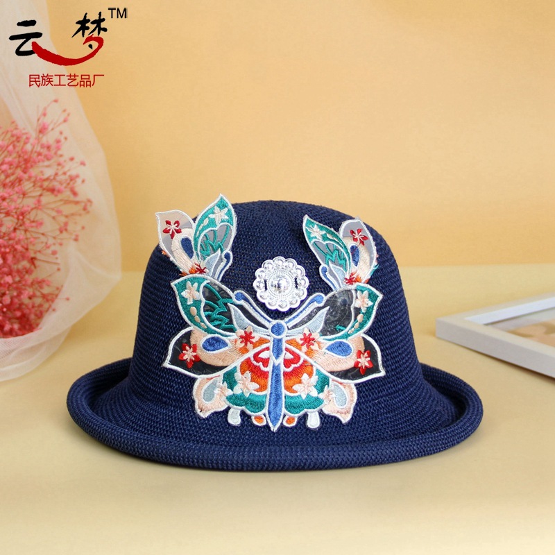 "National trend, ethnic style, ancient style, retro Chinese style, fresh and delicate embroidered hat, breathable round top hat with curled edges, dance stage hat girl. Item Picture