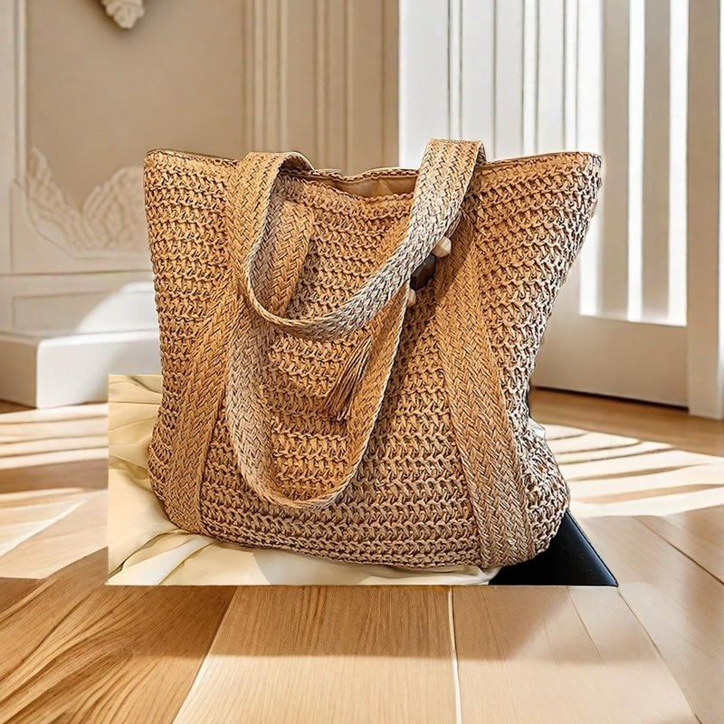 Cross-border bestsellers: Simple, large-capacity, lightweight woven bucket beach bag, new trendy straw woven hand-held bag and shoulder bag details Picture