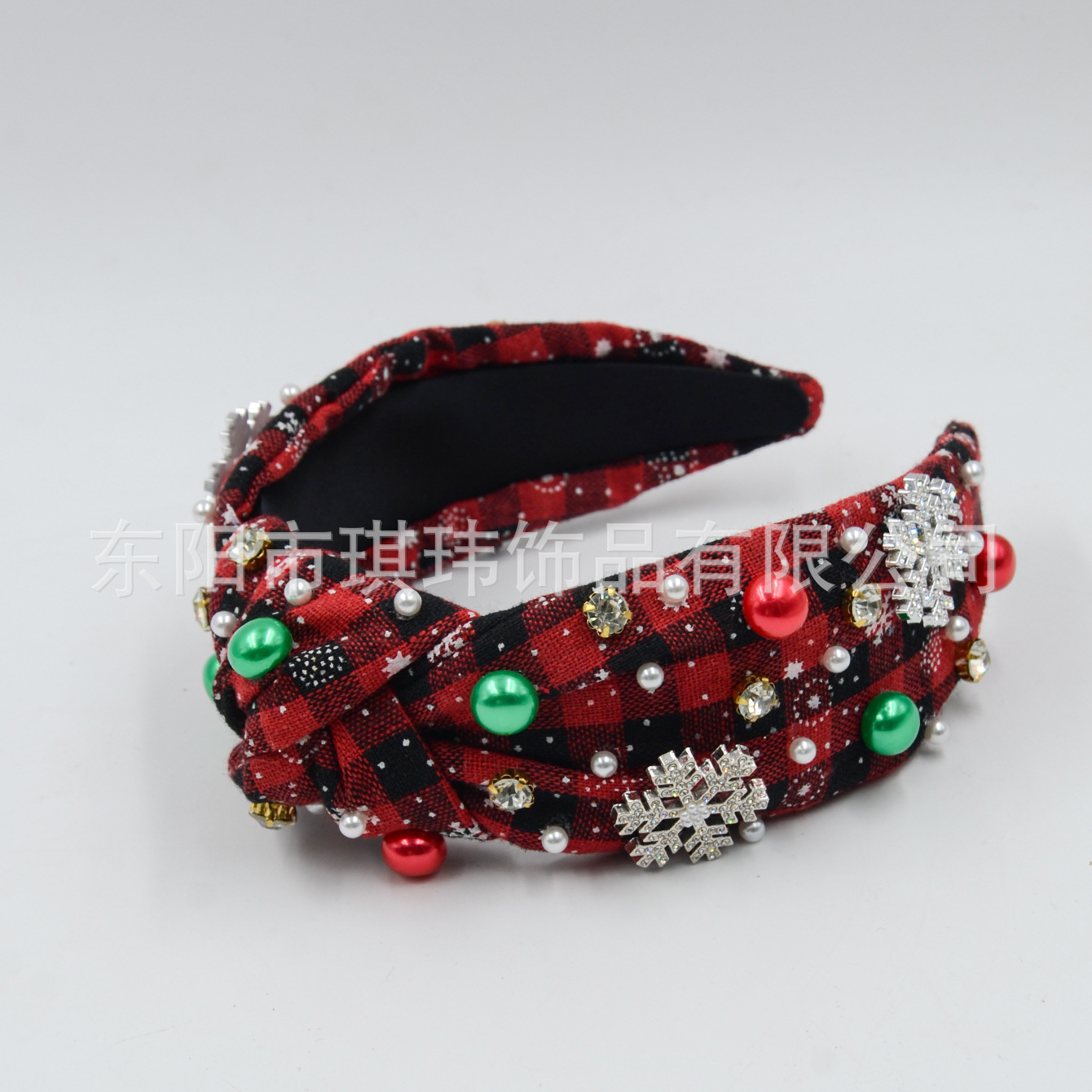 Qiwei Accessories' exclusive new Christmas checkered fabric hair band, nail diamond pearl sticky gingerbread man snowflake accessory knot fashionable hair band Specification image
