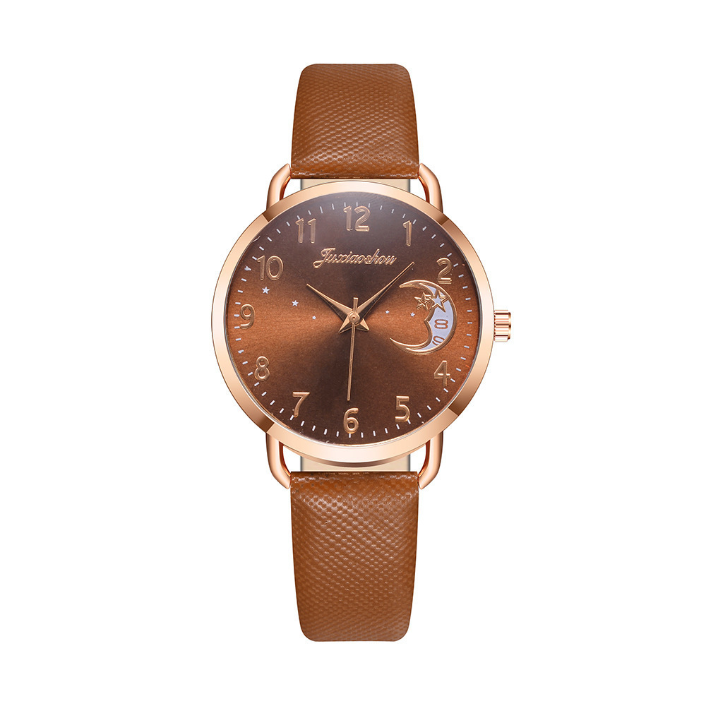 Cross-border hot Douyin live fashion moon pattern PU leather ladies simple student watch supply quartz watch Item Picture