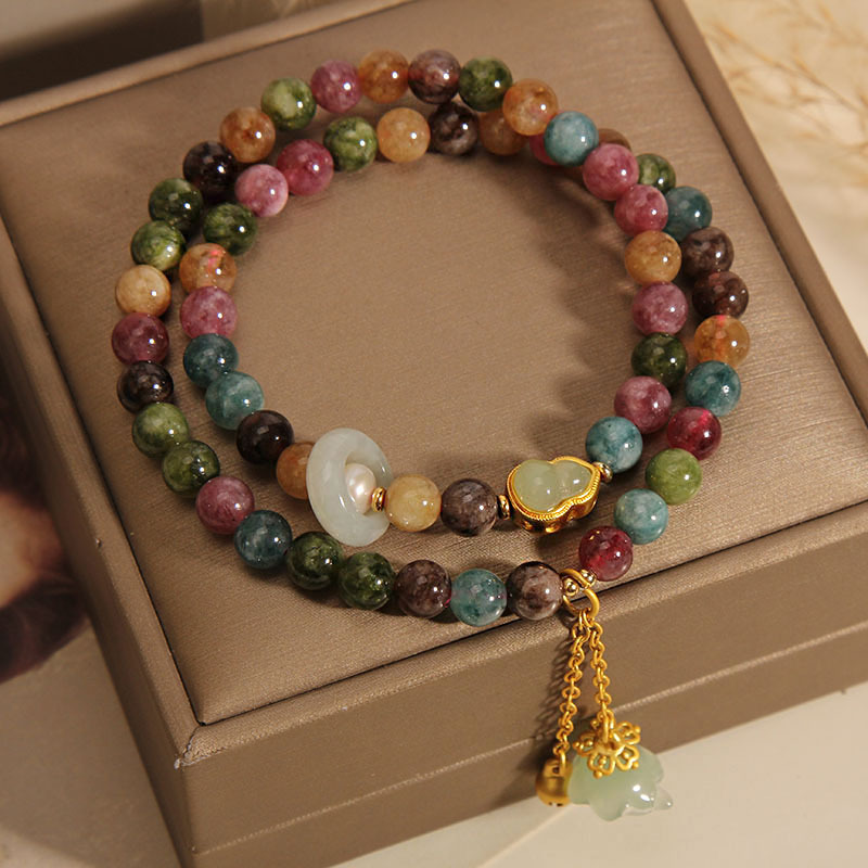Natural turmalina doble anillo pulsera mujeres verano nicho luz de lujo estilo nacional calabaza multicapa muguet colgante mano cadena pulsera Item Picture