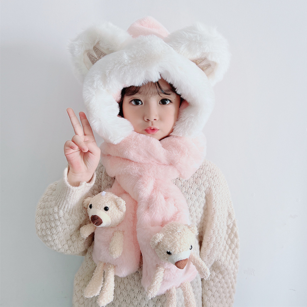 Baby Hat Autumn And Winter Bear Children's Hat Scarf Gloves One Girl Cute Baby Warm Pullover Hat Application Scenario