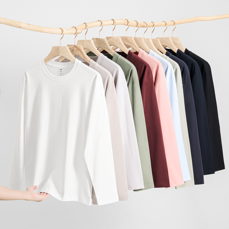 230g heavy-duty pure cotton white long-sleeved T-shirt for men's base layer, paired with solid-colored men's round-neck top for autumn and winter Application Scenario