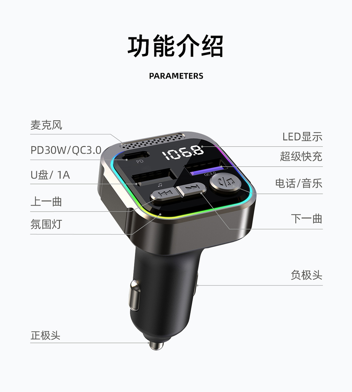 跨境新款车载mp3蓝牙播放器铝镁合金fm发射器PD30W快充车载充电器详情15