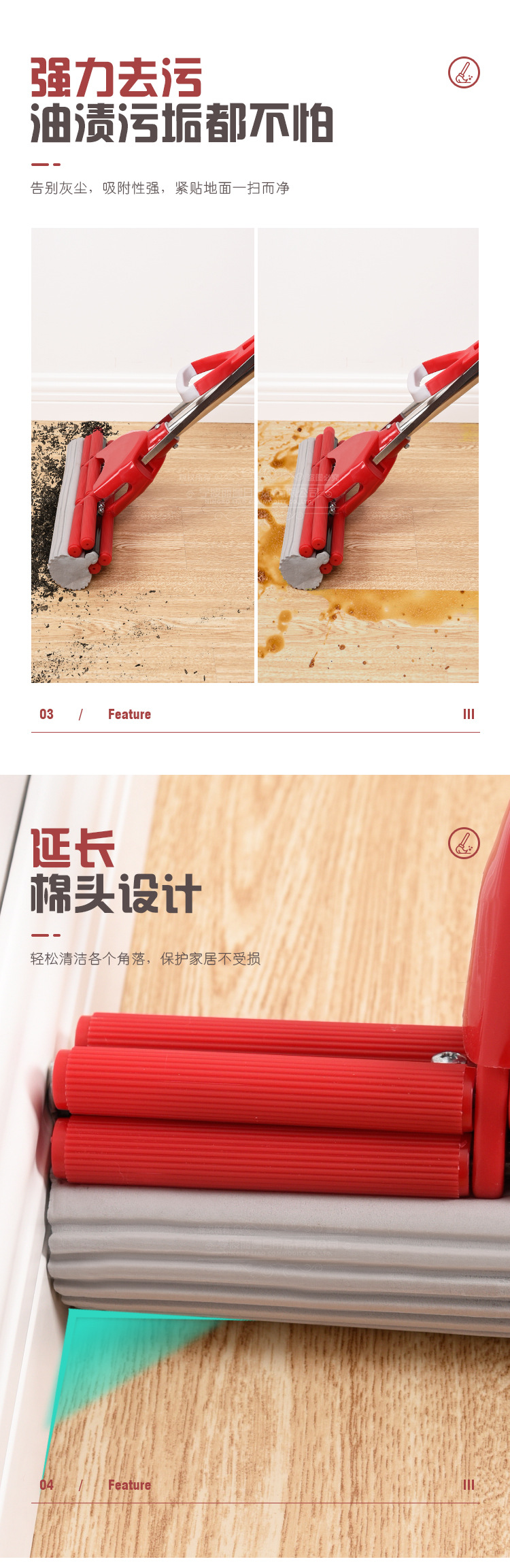 LIAO免手洗大号胶棉拖把双排滚轮海绵拖头不锈钢伸缩杆家用地拖清洁神器详情5