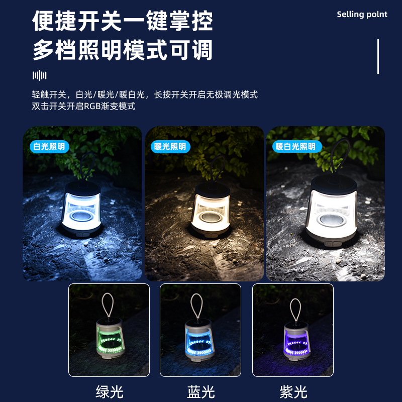New outdoor camping lamp, wireless Bluetooth speaker, USB charging, ultra-long battery life, led lighting, portable ambient light Specification image