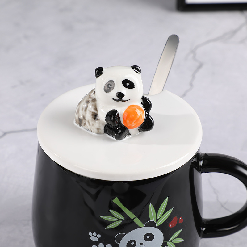 卡通立体熊猫陶瓷杯子带盖勺牛奶咖啡杯水杯学生马克杯家用大容量产品图