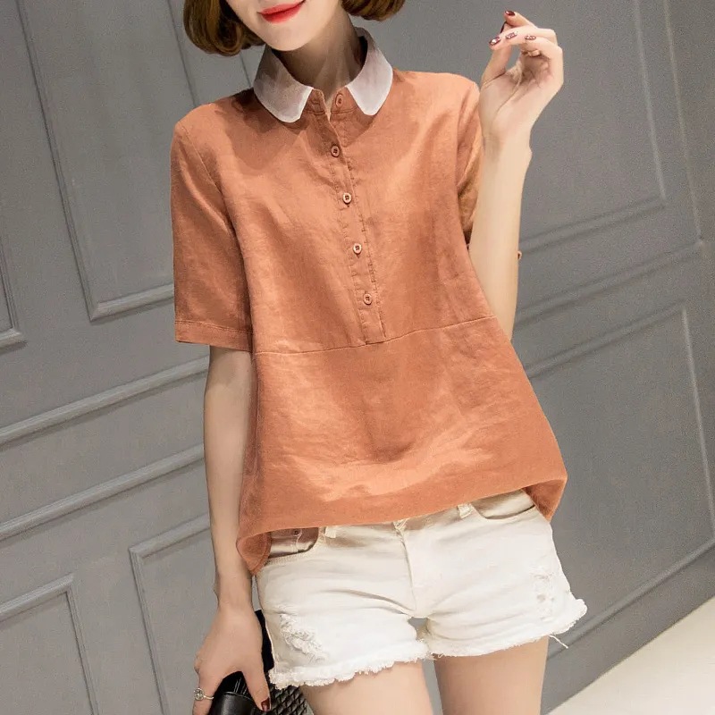 Cotton and linen short-sleeved shirt for women's summer 2022 new style Korean loose and versatile shirt cotton and linen top simple plus-size women's clothing details Picture