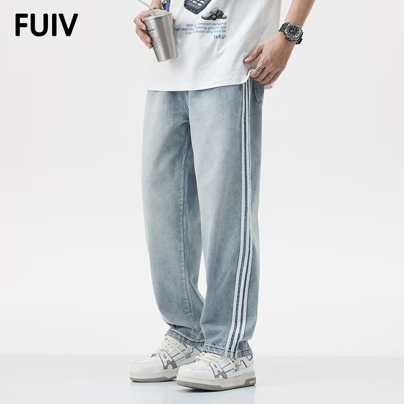 FUIV 美式条纹拼接牛仔裤男潮复古直筒宽松高街高街潮流痞帅长裤