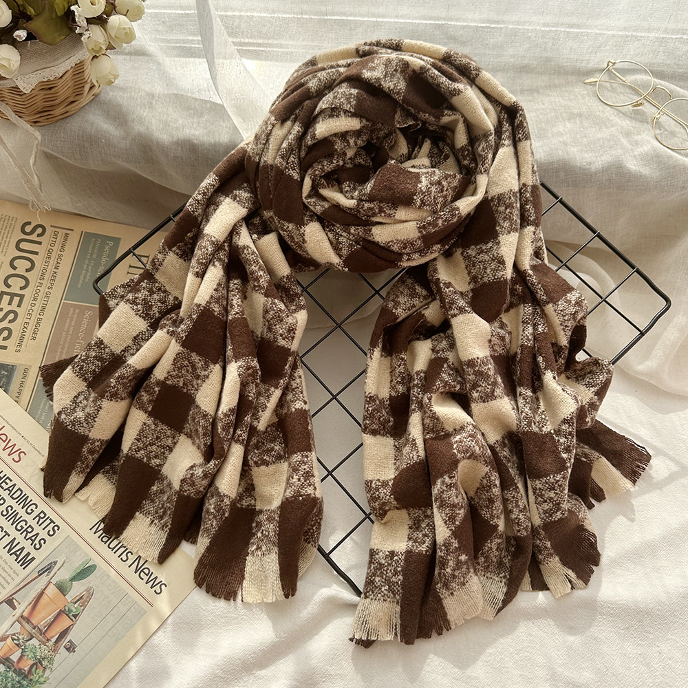 Korean Version Of The New Mohair Scarf Women Winter Warm Fashion Bib Checkerboard Short Beard Men's Scarf Foreign Trade Specification drawing