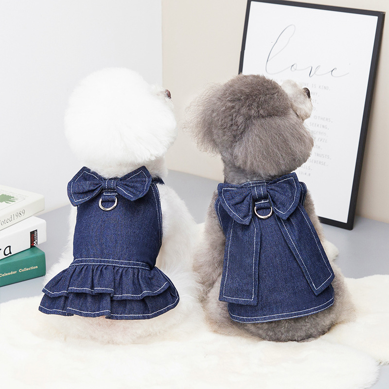 Spring and summer pet clothing, large bow tie denim set, with a leash attached. Pomeranian pet dog without leash