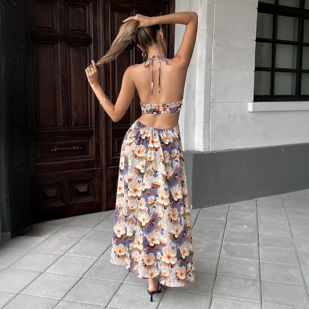 Independent station cross-border European and American women's clothing, youthful and gentle style dress, new summer style Chinese-style printed halter dress details Picture