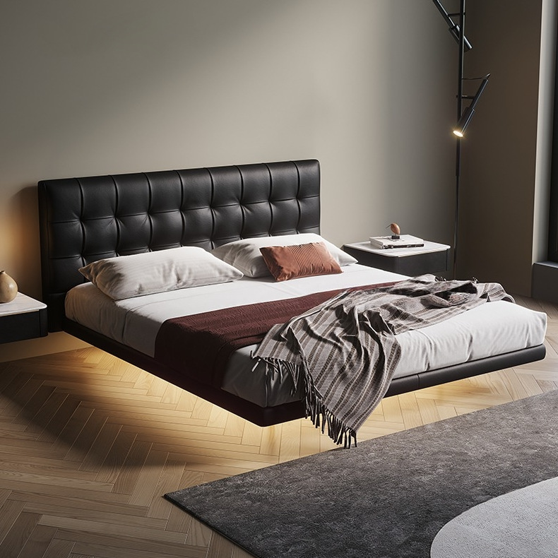 Beech floating bed Italian light luxury leather bed Master bedroom minimalist black 2023 new modern soft wrapped side bed thumbnail