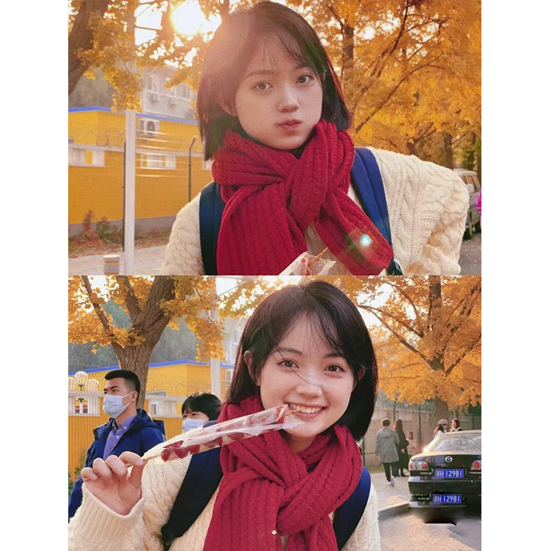 All Korean Knitted Red Scarf Female Autumn And Winter Ins Tide Student Couple Thickened Warm Coarse Wool Line Neck Application Scenario