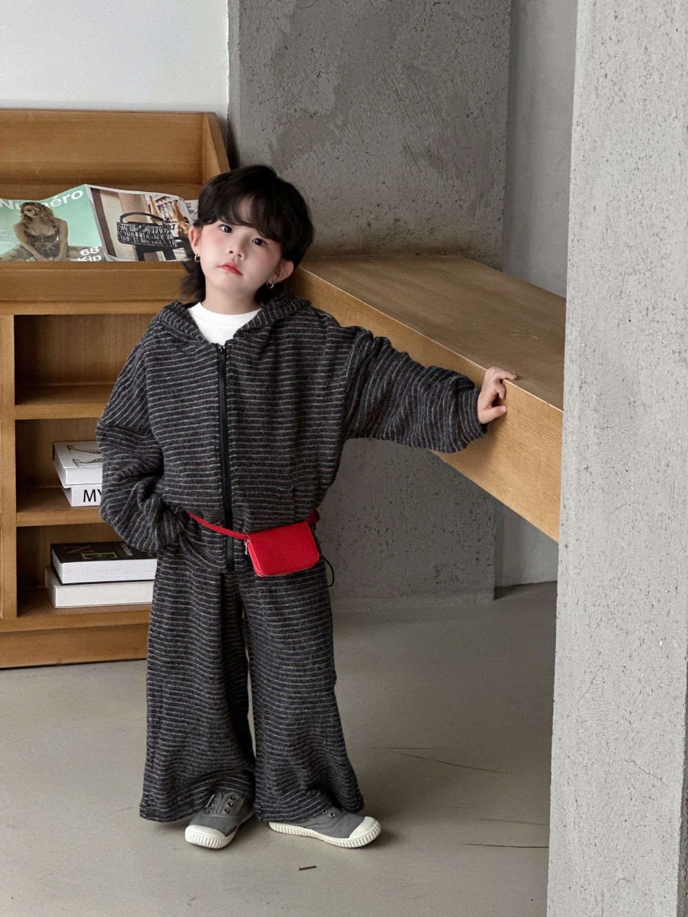 童套装25秋中小童韩版慵懒风条纹长袖连帽外套上衣+显瘦阔腿长裤详情11