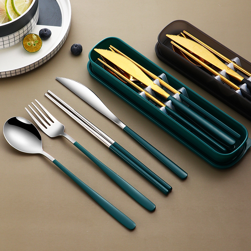 304 Stainless Steel Portable Tableware Korean Knife, Fork, Spoon And Chopsticks Four-Piece Student Tableware Outdoor Gift Tableware Set details Picture