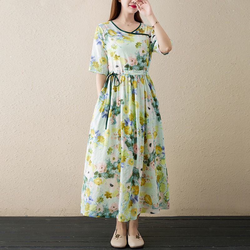 2022 Summer new style of artistic and retro V-neck, cotton and linen printed drawstring loose, large-sized, elegant mid-length dress Specification image