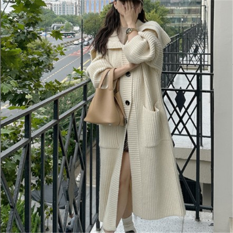 韩版秋冬装新款长款针织毛衣开衫女宽松显瘦大翻领女式气质外套潮图