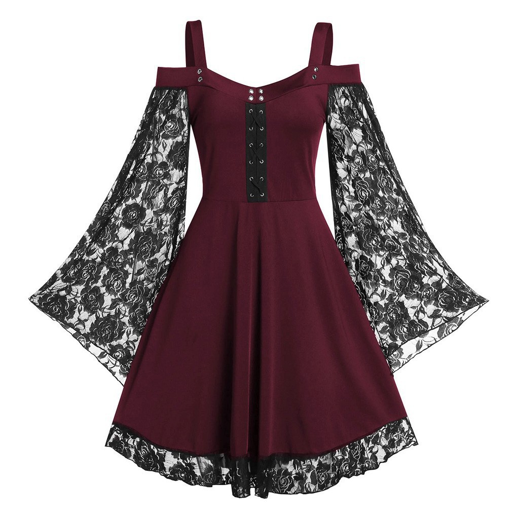 European and American one-shoulder flared sleeve lace patchwork artistic retro dress women's casual dress one-piece delivery Specification image