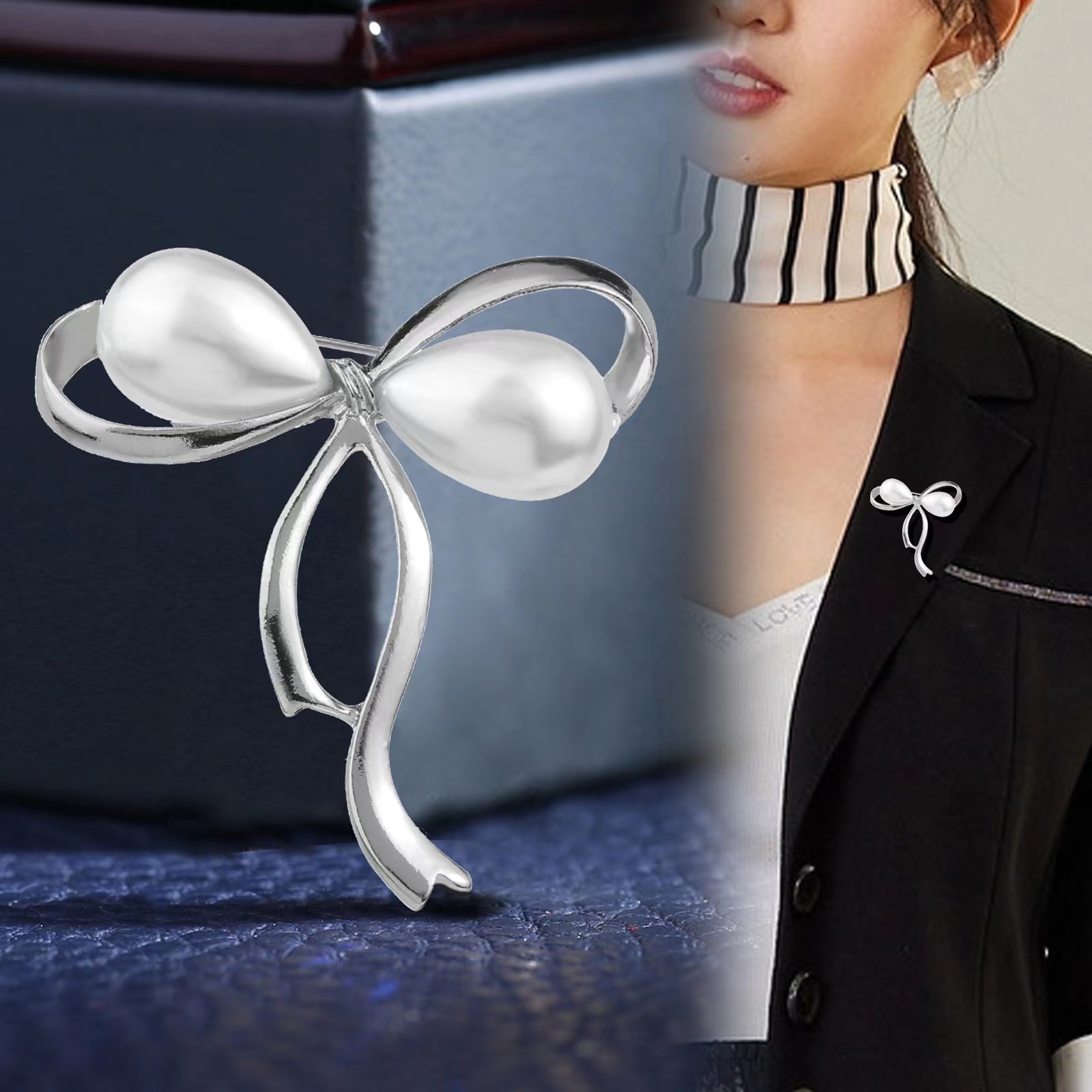 Korean-style bow neckline brooch, anti-glare women's versatile sweater suit pin, niche design clothing accessory Application Scenario