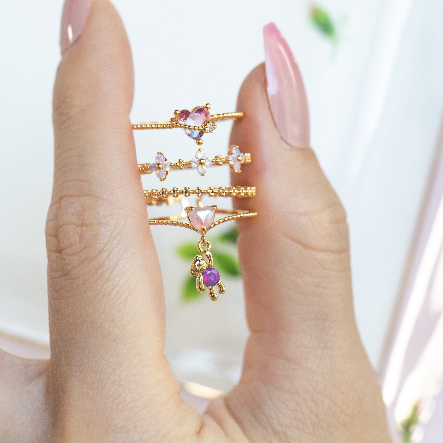 Cross-border jewelry: Popular INS colored zircon rings, bear heart, flower, butterfly rings, jewelry for women details Picture