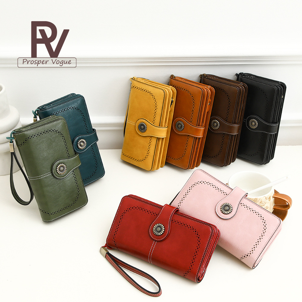 Cross-border bestseller RFID anti-magnetic wallet, women's European and American retro oil wax leather hollowed-out wallet, wallet, large-capacity clutch