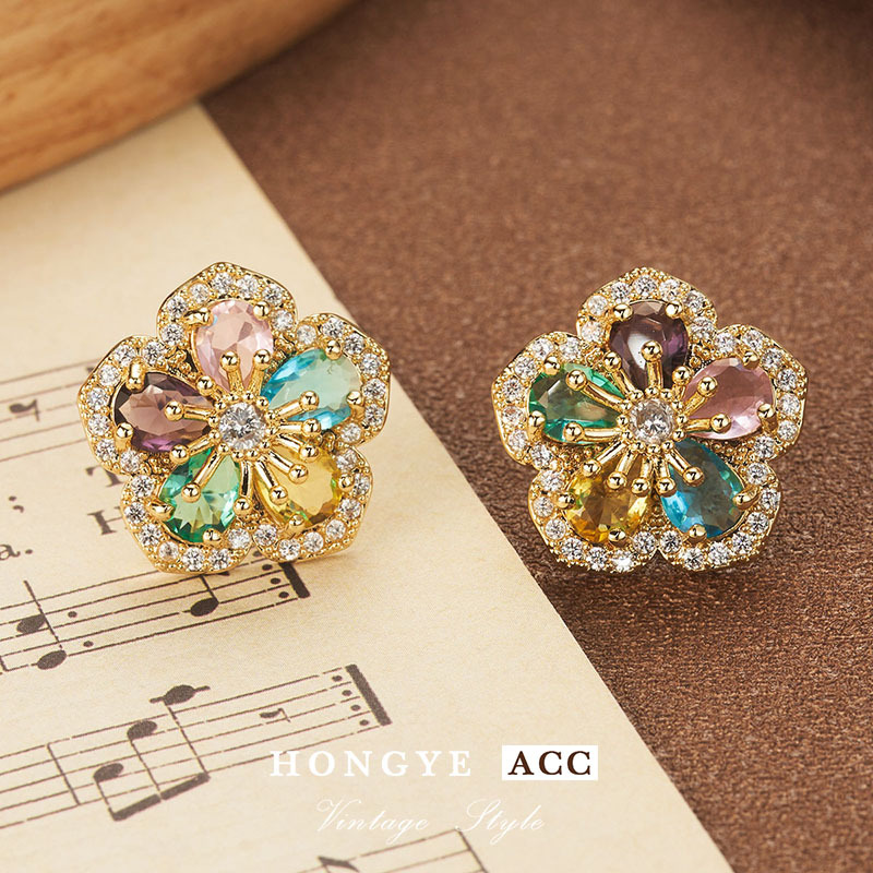 花朵耳环中古Vintage饰品精致锆石复古小众耳钉高级感简约925耳饰