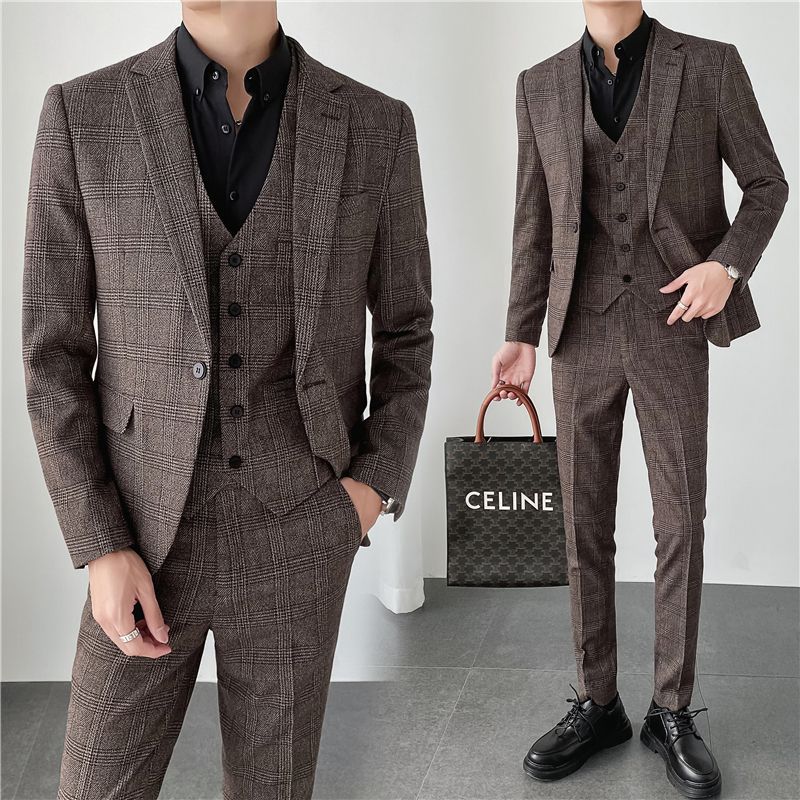 Autumn and winter light mature style Instagram Korean-style slimming men's casual checked suit set of three pieces Item Picture