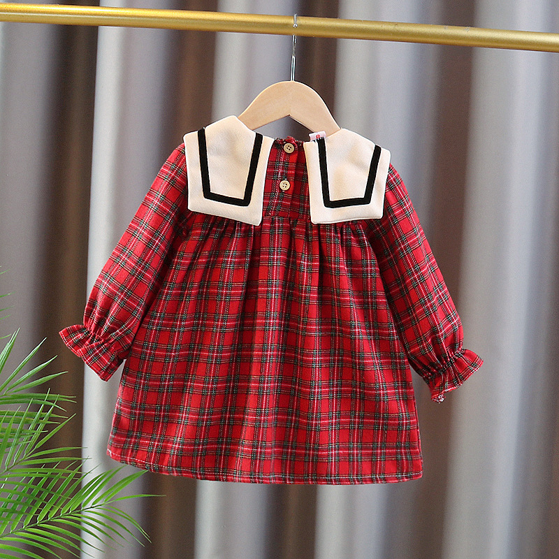 New autumn 2022 girls' long-sleeved dress, children's school style, navy collar princess dress, baby checkered dress Specification image