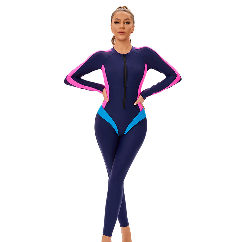 New color-block one-piece Muslim swimsuit for women, cross-border long-sleeved and long-sleeved trousers, conservative full-body zip-up swimsuit details Picture