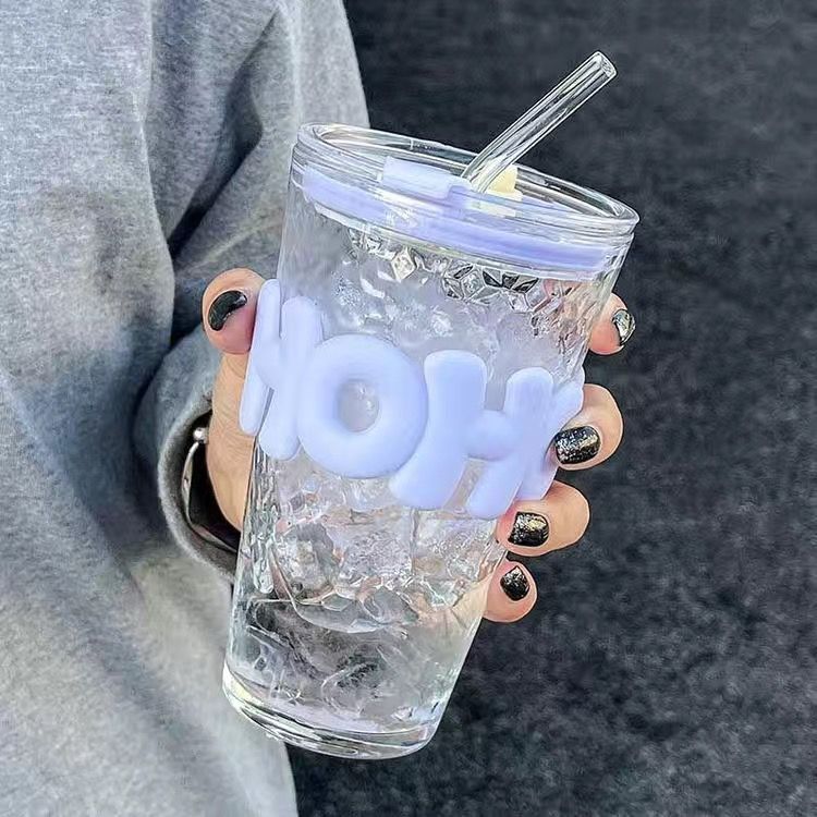 Letter Cup Glass Cup Ins Wind High Appearance Level Large Capacity Home Office Coffee Straw Juice Cup Item Picture