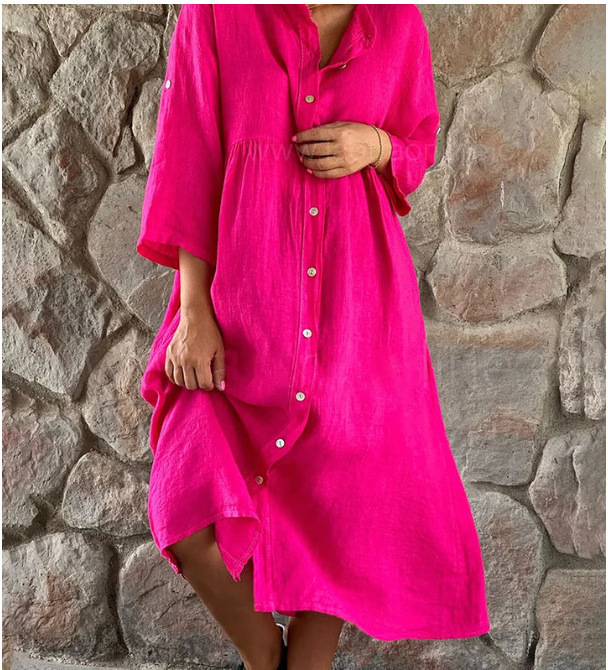 Wholesale of the new cotton and linen solid-color casual button long dress on Amazon and ebay cross-border women's Clothing AliExpress in 2023 details Picture
