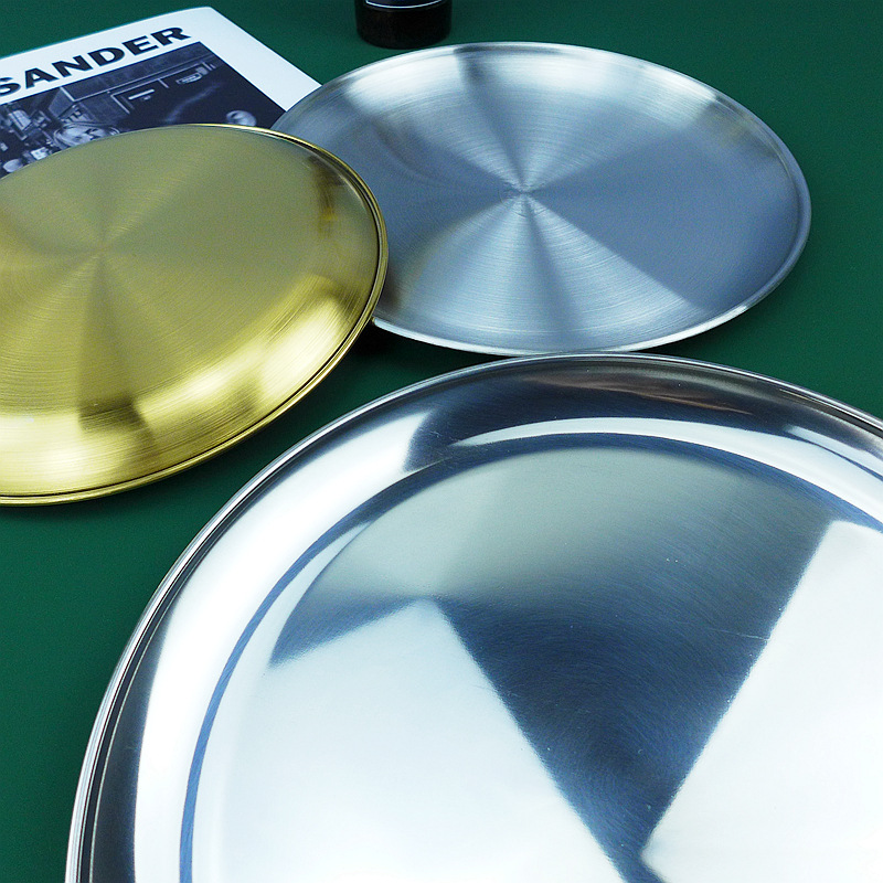 火锅备菜盘不锈钢暴力熊托盘吐骨盘意面盘圆形金色304韩式烤肉盘