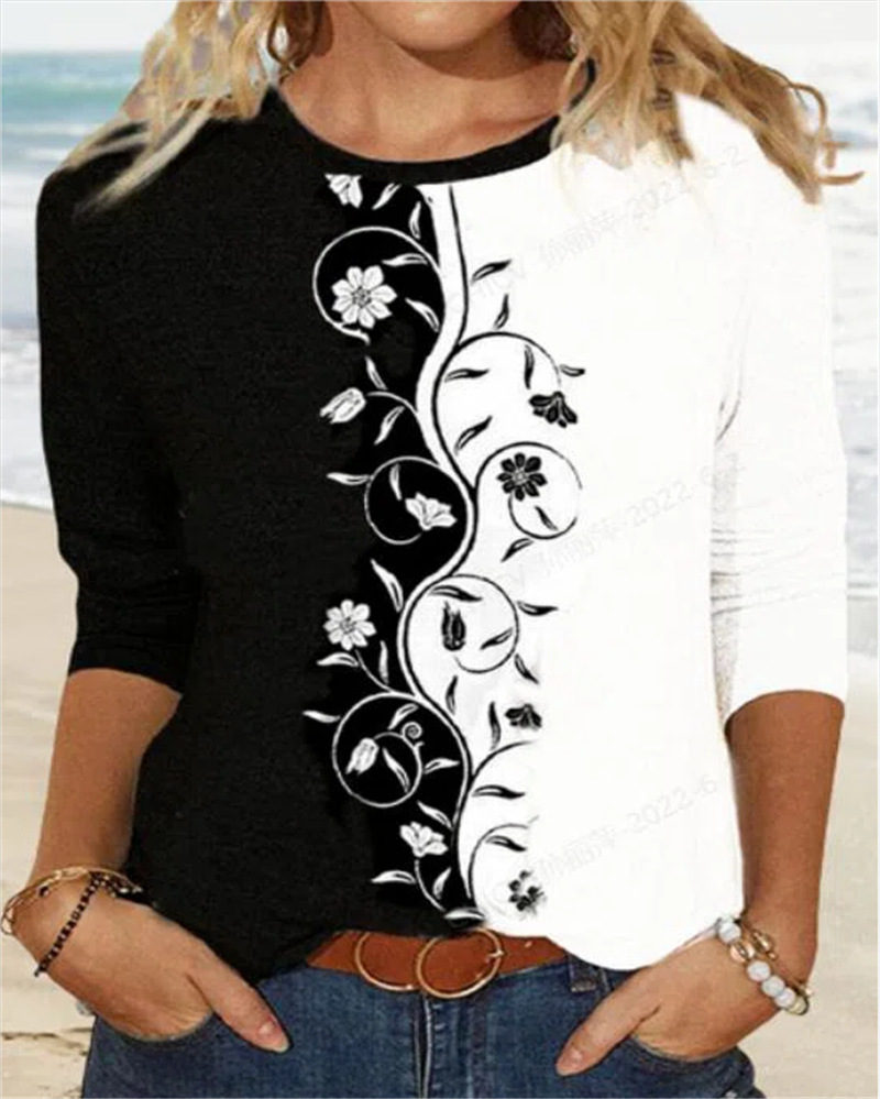 In-stock European and American women's clothing 2022 Amazon Independent Store Autumn new Women's floral printed round-neck long-sleeved T-shirt Specification image
