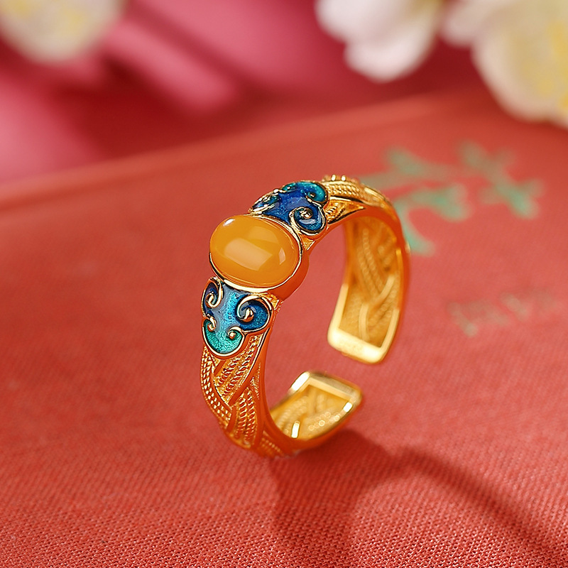 Chinese-style auspicious cloud ring, ancient imperial style, cloisonne ruyi weaving, adjustable opening, perfect gift for women on festivals