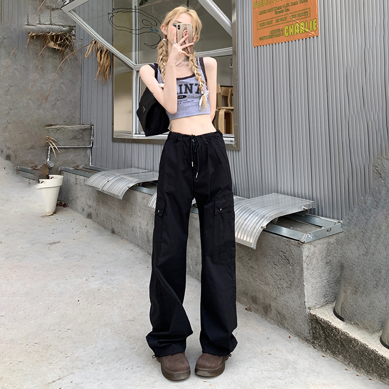 Black American Overalls Female Summer Thin Spice Girl High Waist Slim Loose Straight Leg Wide Leg Casual Sports Pants details Picture
