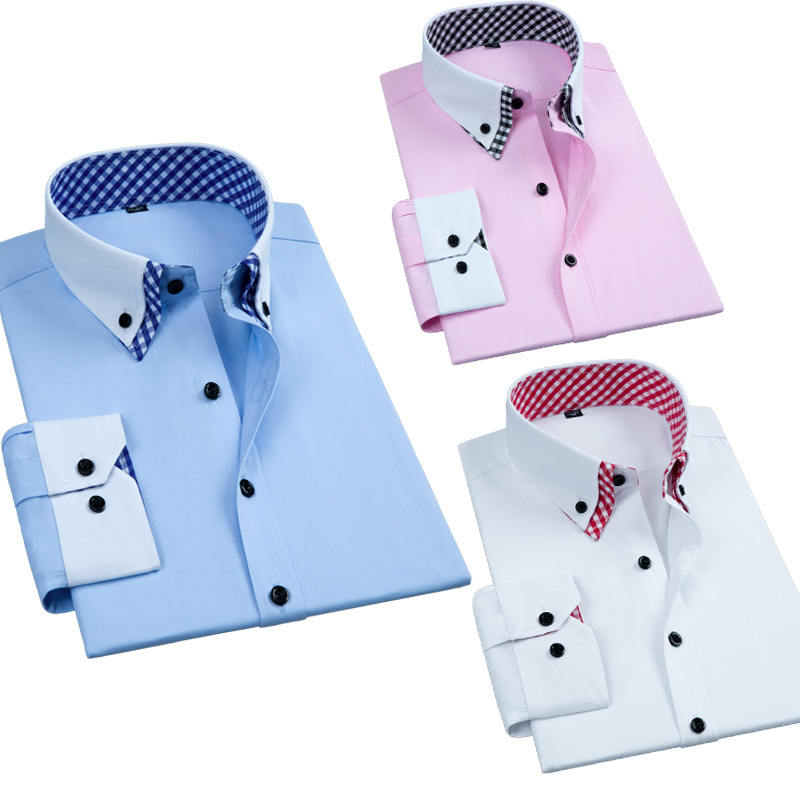 跨境男士撞色衬衫男长袖免烫抗皱商务休闲职业正装棉质设计感衬衫