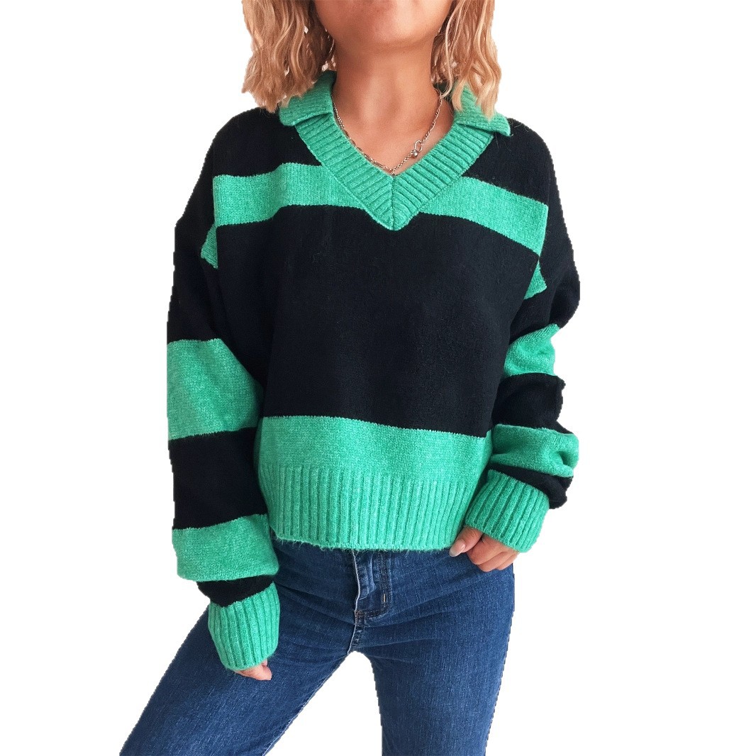 2025 Cross-border Amazon Autumn/Winter New contrasting color striped knitted sweater, lapel commuter long-sleeved women's pullover Item Picture