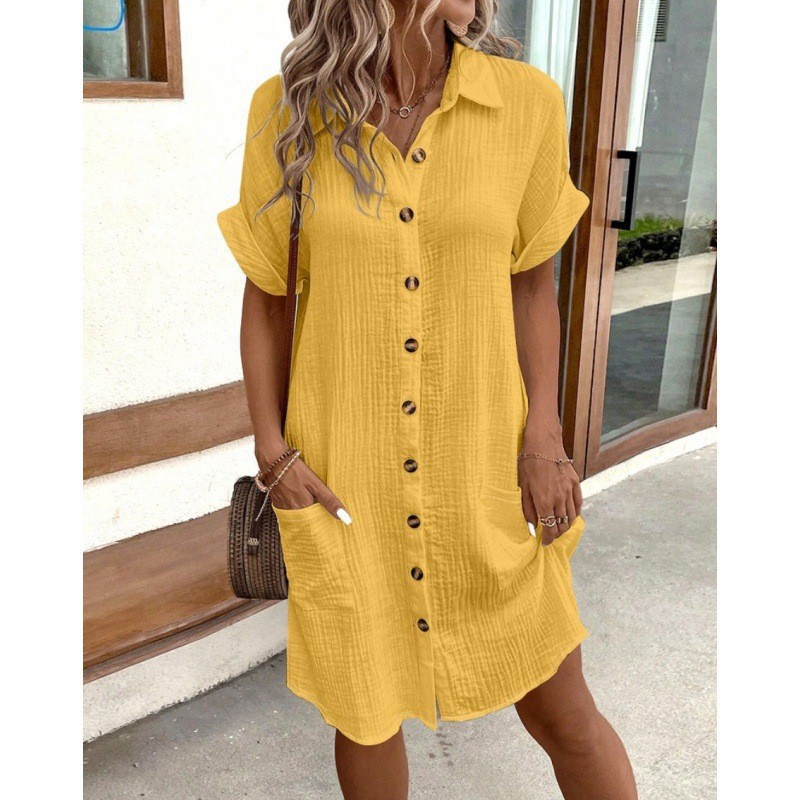 In 2025, AliExpress wish Amazon's best-selling summer simple V-neck button cotton and linen dress women's shirt dress Specification drawing